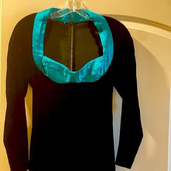 Vintage Dresses & Skirts - Dress- black  emerald green trim - silk & stretch velvet -- Jewelry neckline